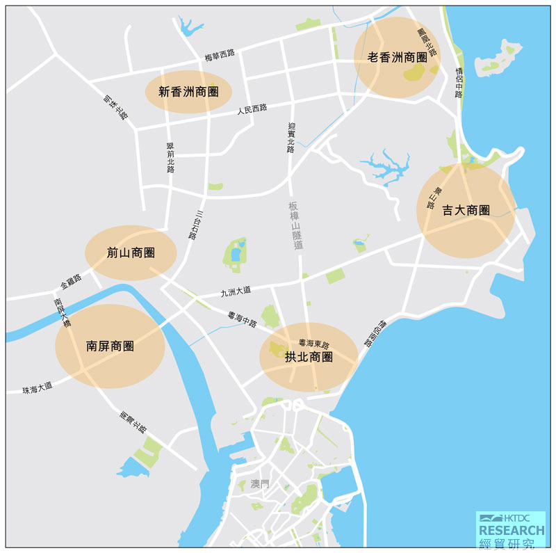 粤海东路,情侣南路,拱北口岸结合而成,区位优势明显,是珠海商业发展较