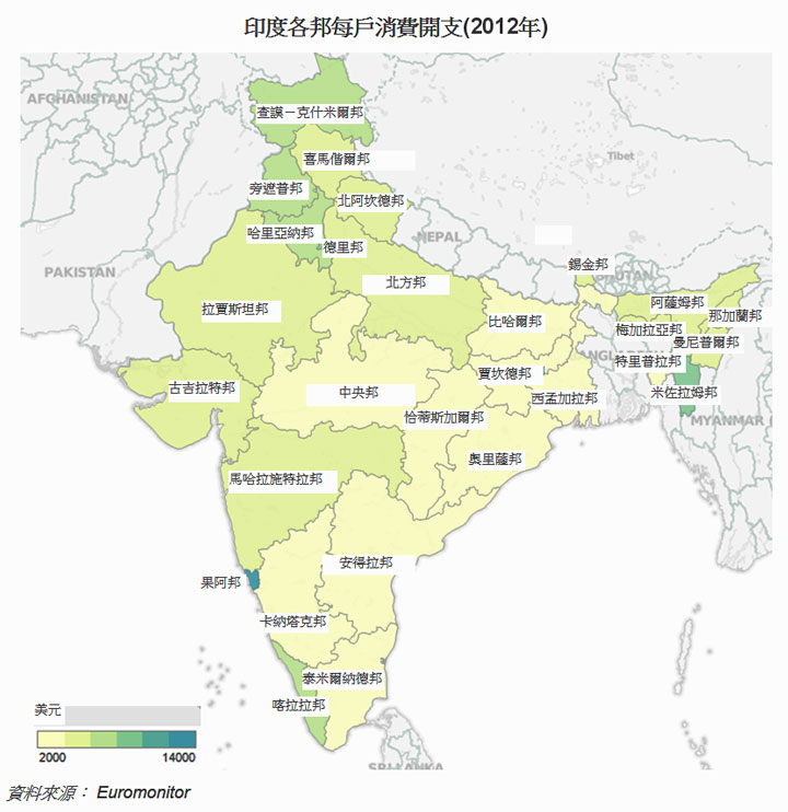 图: 印度各邦每户消费开支(2012年)