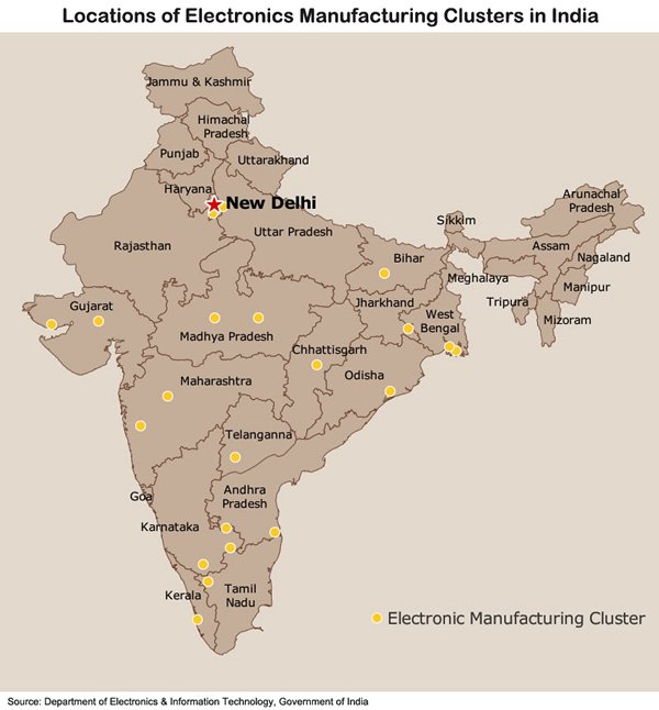 map: locations of electronics manufacturing clusters in india